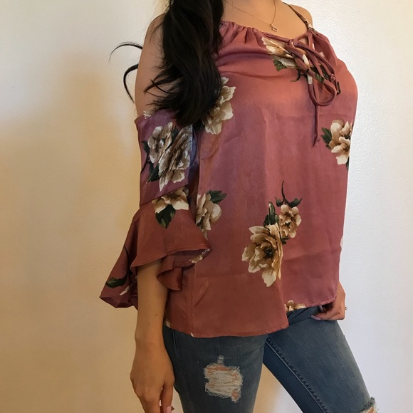 Dusty Rose Floral Open Shoulder Satin Top - Picture 7 of 8